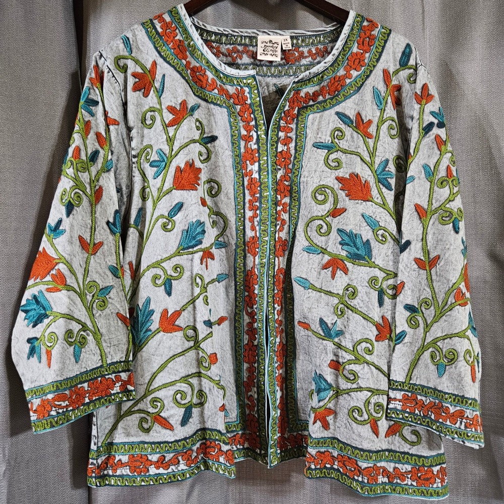 Parsley & Sage Womens 2X Floral Embroidered Cotton Jacket Art to Wear Botanical